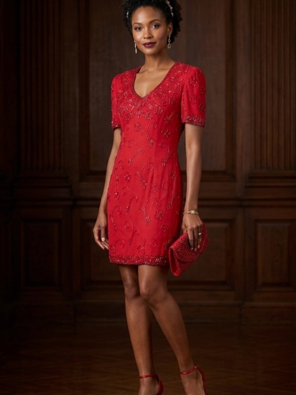 Jennifer Evening Silk Beaded Embellished Red V‑Neck Dress Size Medium